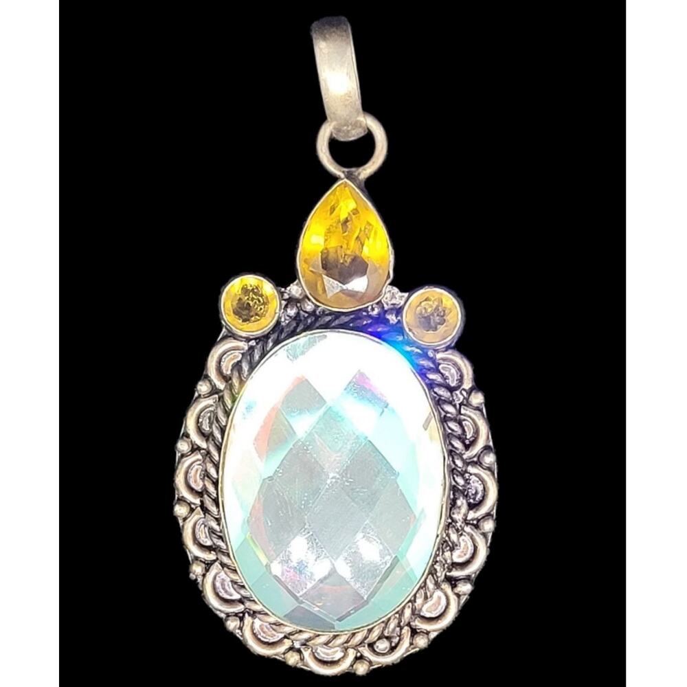 Boho‎ Mystic Rainbow Uranium Glass Pendant 925 Silver Vintage Statement Sparkle